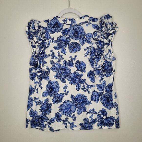 Cece blue white preppy 3d flower button front coastal classic boxy top size med - Picture 3 of 8